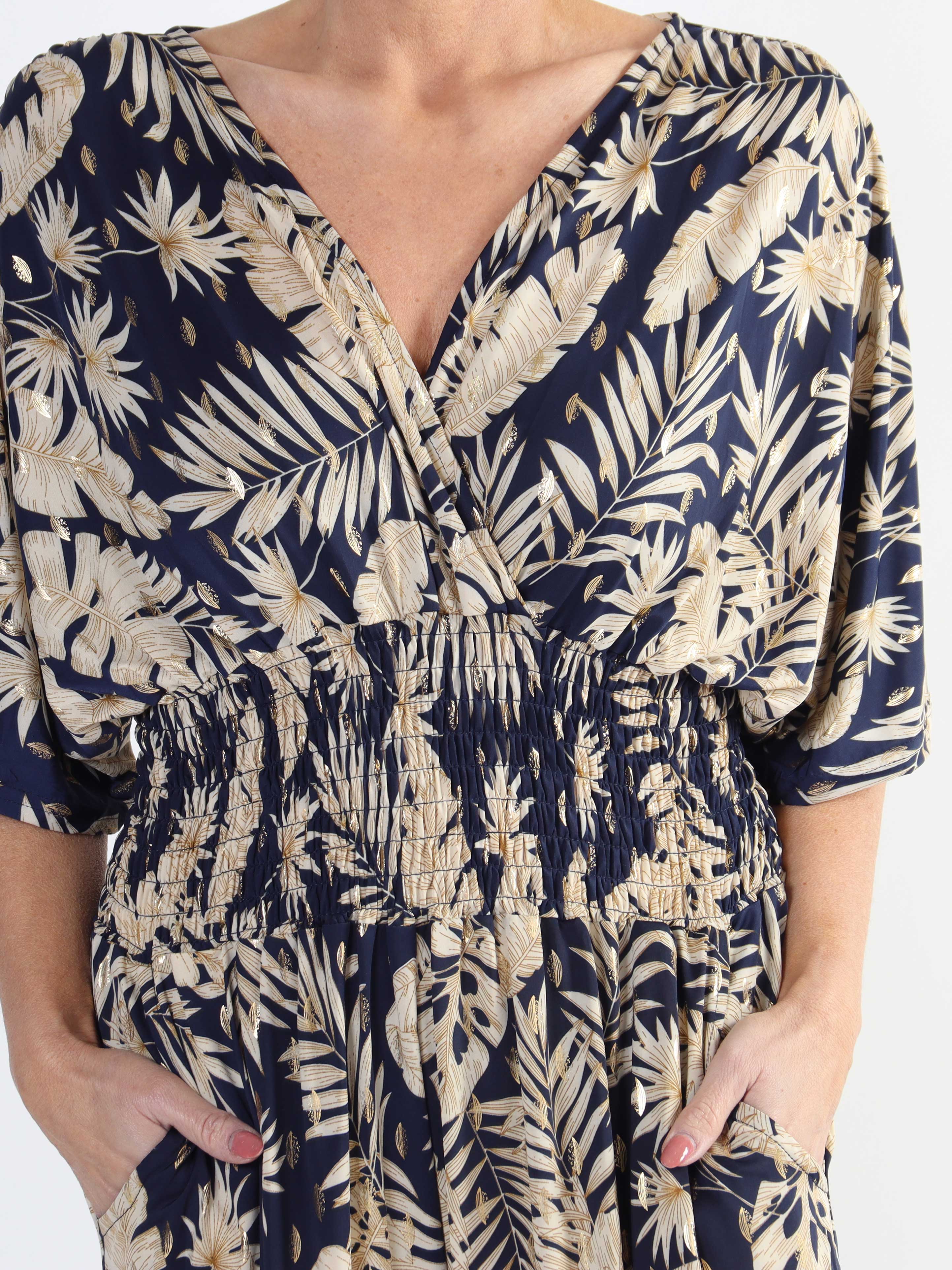 Pams Gold Leaf Jumpsuit - Elastisk plus size buksedragt med bladmønster